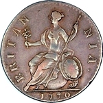 1770 British halfpenny value, George III, with reverse stop
