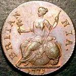 1771 British halfpenny value, George III, ball below spear head