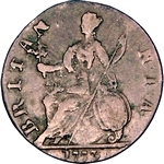 1773 British halfpenny value, George III, no stop after REX