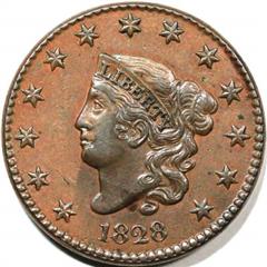 1828 USA penny value, coronet head, large narrow date
