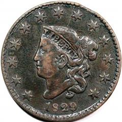 1829 USA penny value, coronet head, medium letters