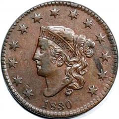 1830 USA penny value, coronet head, large letters
