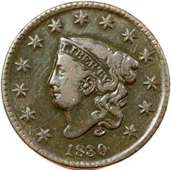 1830 USA penny value, coronet head, medium letters