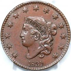 1831 USA penny value, coronet head, large letters