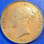 1855 UK penny value, Victoria, young head, near colon, plain trident