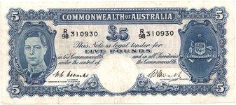 Coombs / Watt Australian five pound banknote values, FYOI 1949