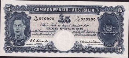 Coombs / Wilson Australian five pound banknote values, FYOI 1952