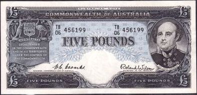 Coombs / Wilson Australian five pound banknote values, FYOI 1954