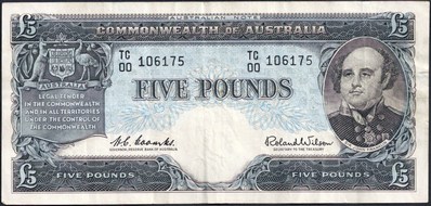 Coombs / Wilson Australian five pound banknote values, FYOI 1960