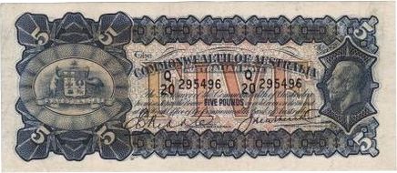 Riddle / Heathershaw Australian five pound banknote values, FYOI 1927