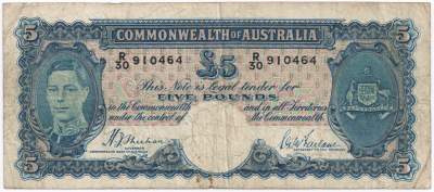 Sheehan / McFarlane Australian five pound banknote values, FYOI 1939