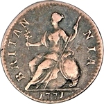 1771 British halfpenny value, George III, no reverse stop
