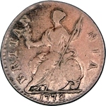 1772 British halfpenny value, George III, no reverse stop