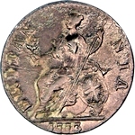 1773 British halfpenny value, George III, no reverse stop