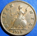 1774 British farthing value, George III, obverse 1