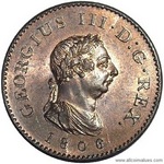 1806 UK farthing value, George III, raised curls