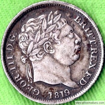 1819 UK shilling obverse, 9 over 8 overdate
