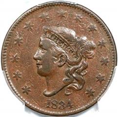 1834 USA penny value, coronet head, large 8, large stars, large letters