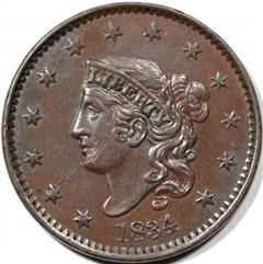 1834 USA penny value, coronet head, large 8, small stars, medium letters