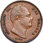 1835 UK farthing value, William IV, raised line to saltire