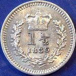 1835 UK three halfpence value, William IV, 5 over 4