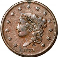 1835 USA penny value, coronet head, head of 1836