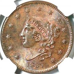 1837 USA penny value, coronet head, medium letters