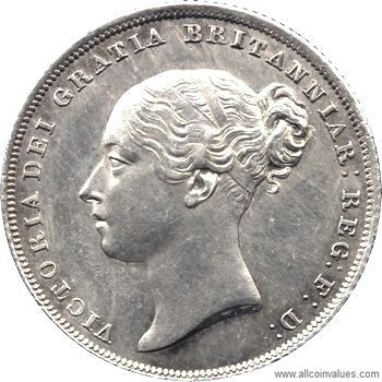 1838 UK shilling obverse, Victoria, young head