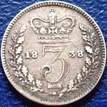 1838 UK threepence value, Victoria, young head