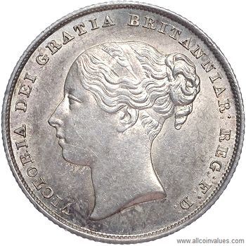 1839 UK shilling obverse, Victoria, young head, second head