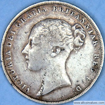 1839 UK shilling obverse, Victoria, young head, first head