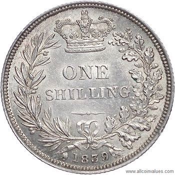 1839 UK shilling reverse, Victoria, young head, second head