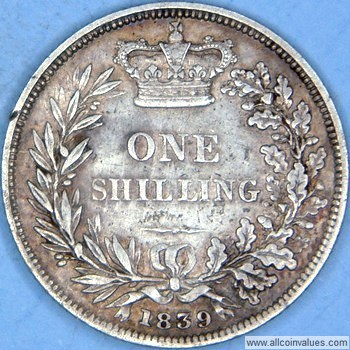 1839 UK shilling reverse, first young head