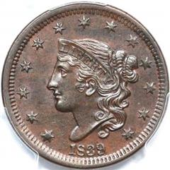 1839 USA penny value, coronet head, head of 1838