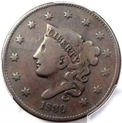 1839 USA penny value, coronet head, 9 over 6, head of 1836