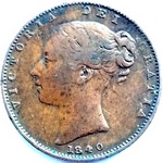 1840 UK farthing value, Victoria, young head, 2 prong trident