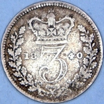 1840 UK threepence value, Victoria, young head