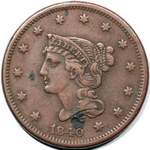 1840 USA one cent value, braided hair, small date over large 18