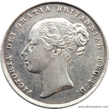 1842 UK shilling obverse, Victoria, young head