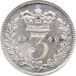1842 UK threepence value, Victoria, young head