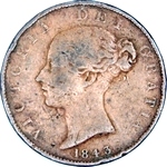 1843 UK halfpenny value, Victoria, young head