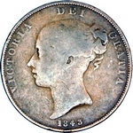 1843 UK penny value, Victoria, young head, REG: