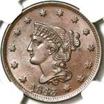 1843 USA one cent value, braided hair, petite head, small letters
