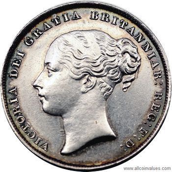 1844 UK shilling obverse, Victoria, young head