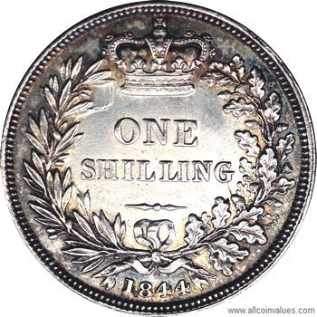 1844 UK shilling reverse, Victoria, young head