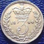 1844 UK threepence value, Victoria, young head