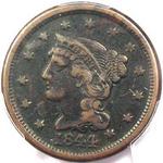 1844 USA one cent value, braided hair, 1844 over inverted 184