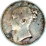 1845 UK farthing value, Victoria, young head, large date