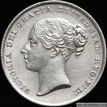 1845 UK shilling obverse, Victoria, young head