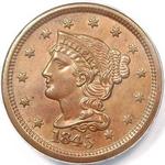 1845 USA one cent value, braided hair